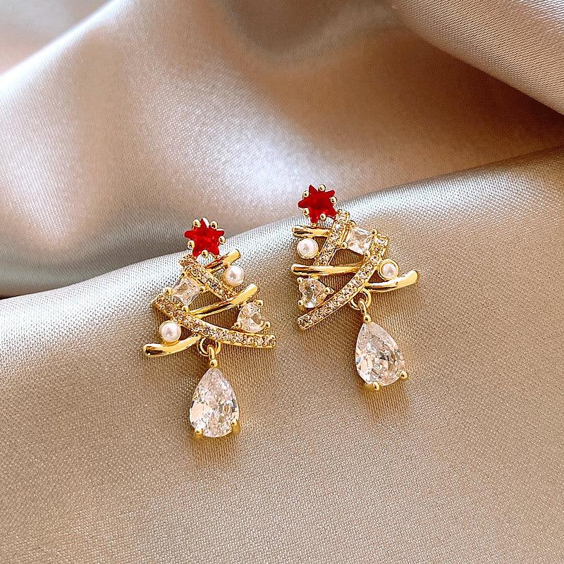 Christmas red bow zircon pearl earrings