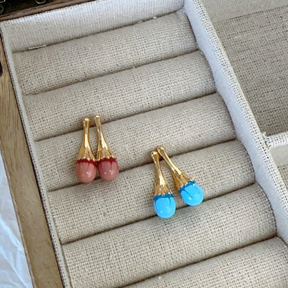 orange pink flower bone red bean brass gold-plated handmade enamel niche design stud earrings