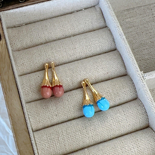 orange pink flower bone red bean brass gold-plated handmade enamel niche design stud earrings