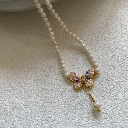 Baroque Pearl Tassel Butterfly Necklace