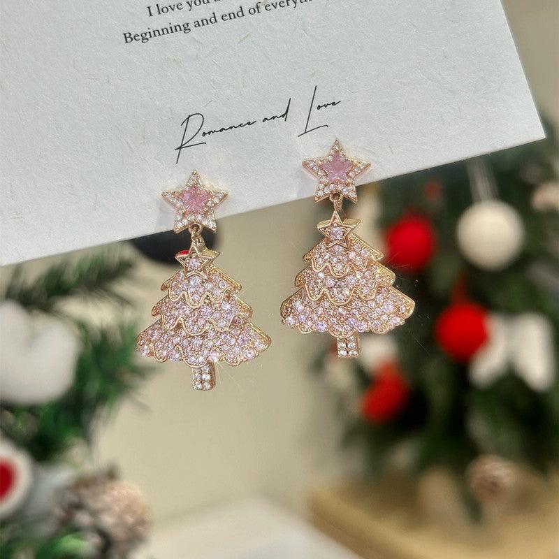 Pink Zircon Christmas Tree Earrings