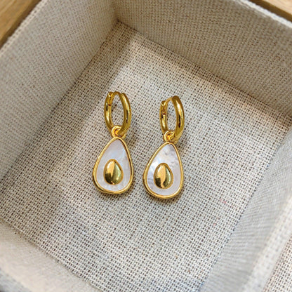 French avocado ear buckle, natural white butterfly shell brass plated real gold earrings