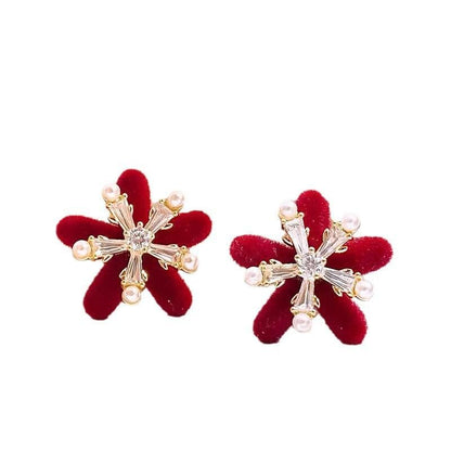 Christmas red bow zircon pearl earrings