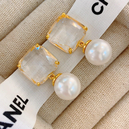 French retro pearl square diamond geometric stud earrings