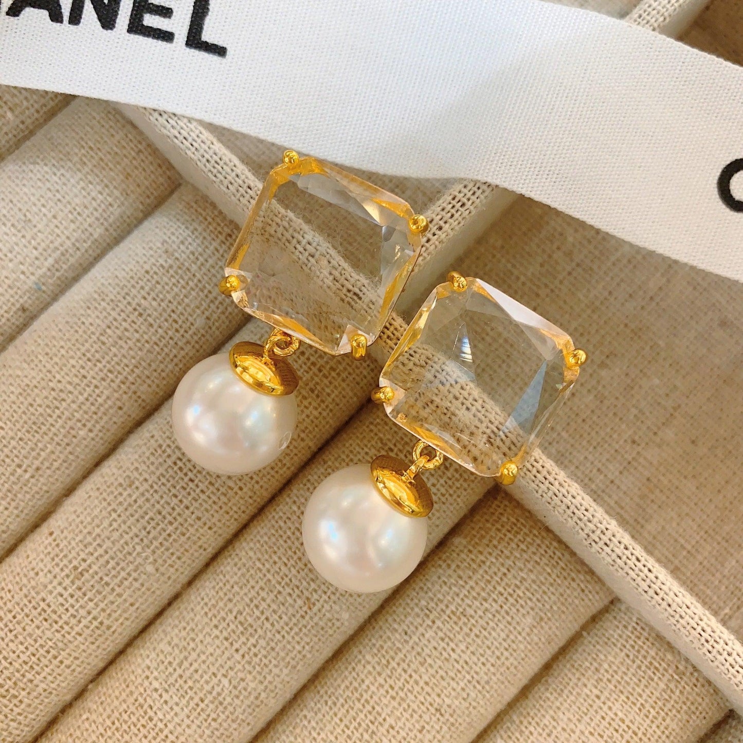 French retro pearl square diamond geometric stud earrings