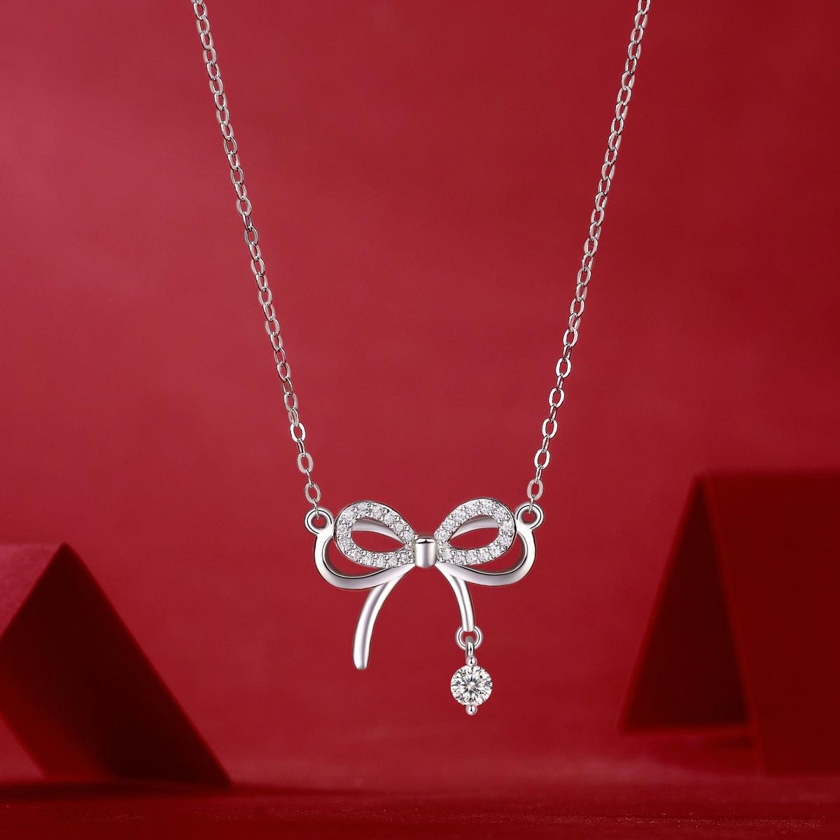 S925 sterling silver bow necklace