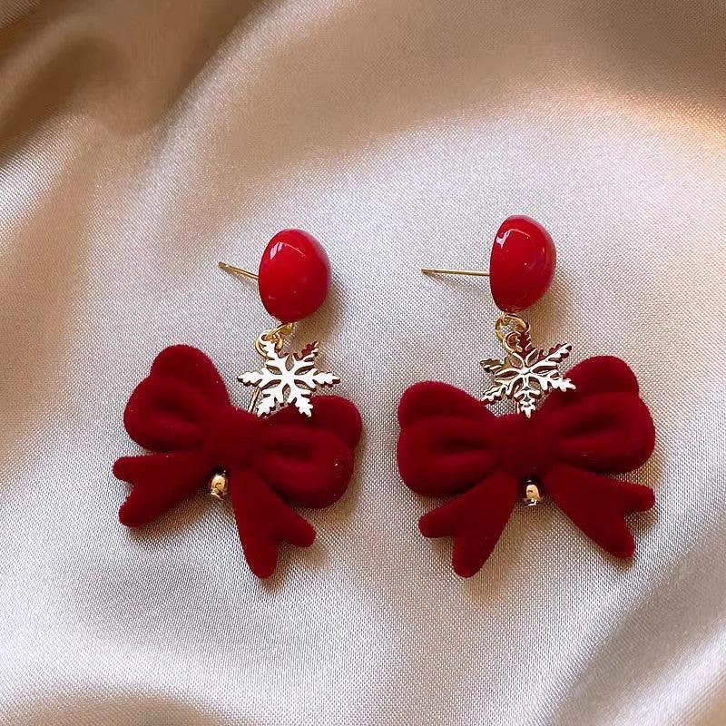 Christmas red bow zircon pearl earrings