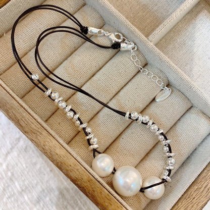 Black Leather Rope Large Pearl Necklace