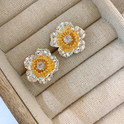 Mirror flower water moon retro French sunflower stud earrings