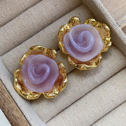 Purple three-dimensional flower medieval earrings