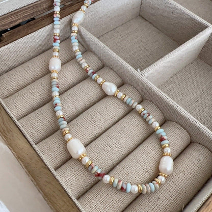 Color beaded natural stone pearl necklace