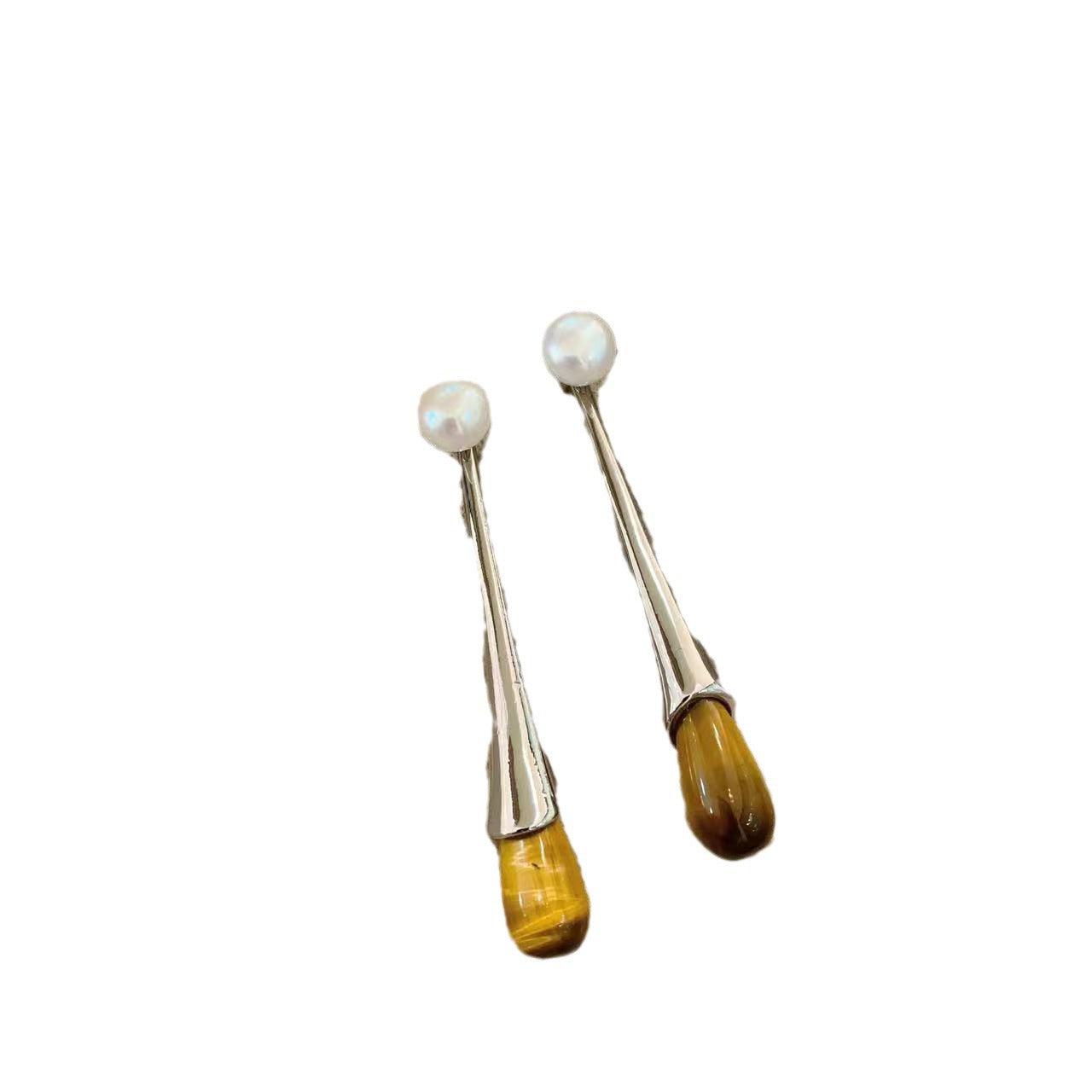 French minimalist natural tiger's eye stone water drop pearl earrings