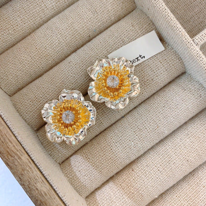 Mirror flower water moon retro French sunflower stud earrings