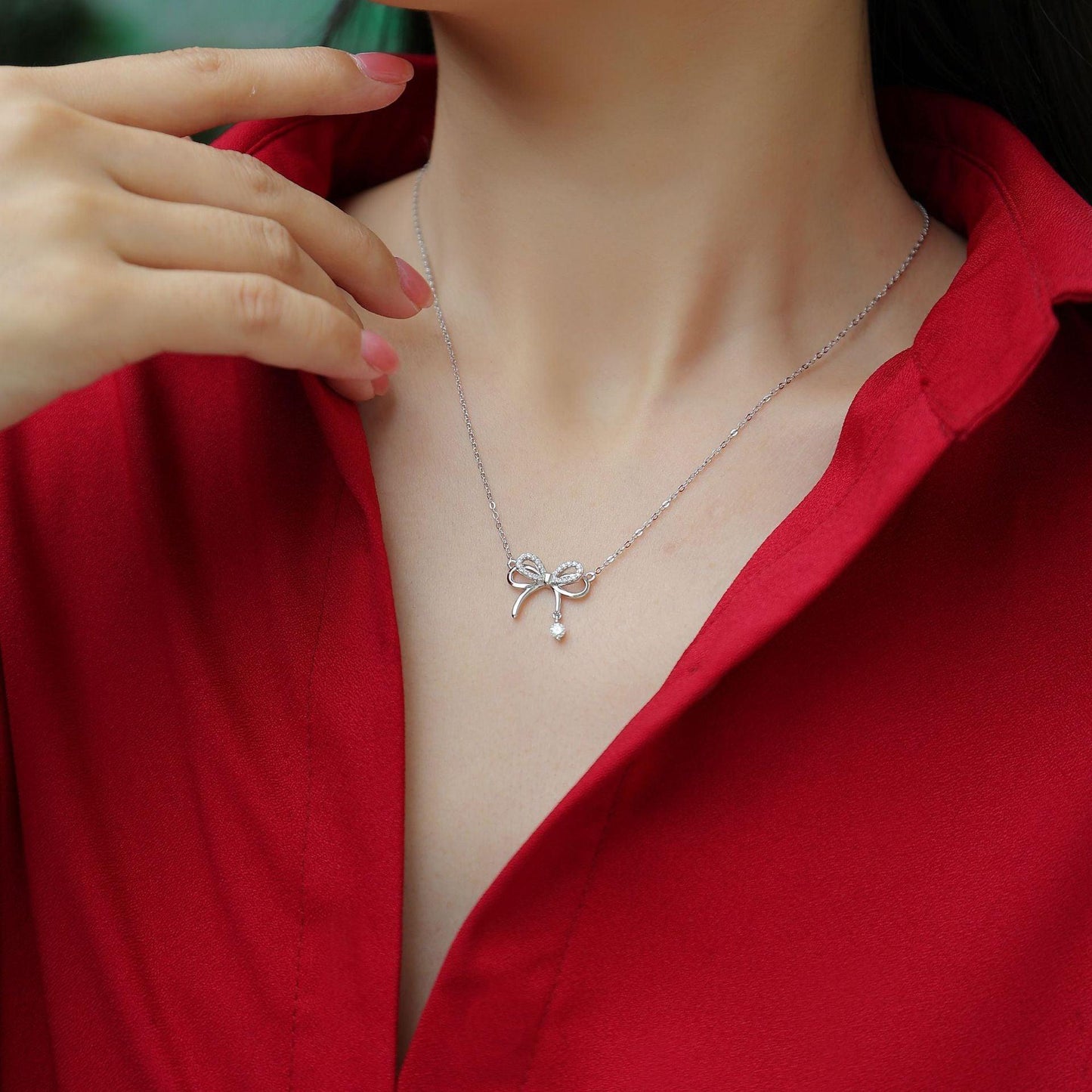 S925 sterling silver bow necklace