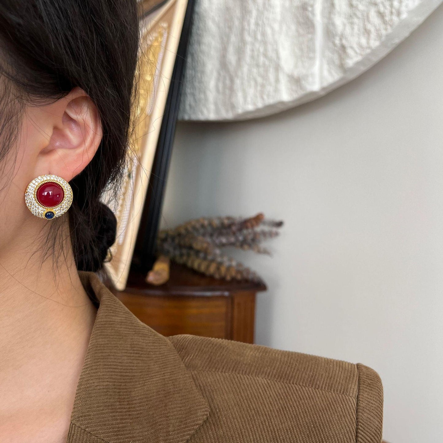 vintage ruby dense inlaid haute couture full diamond earrings