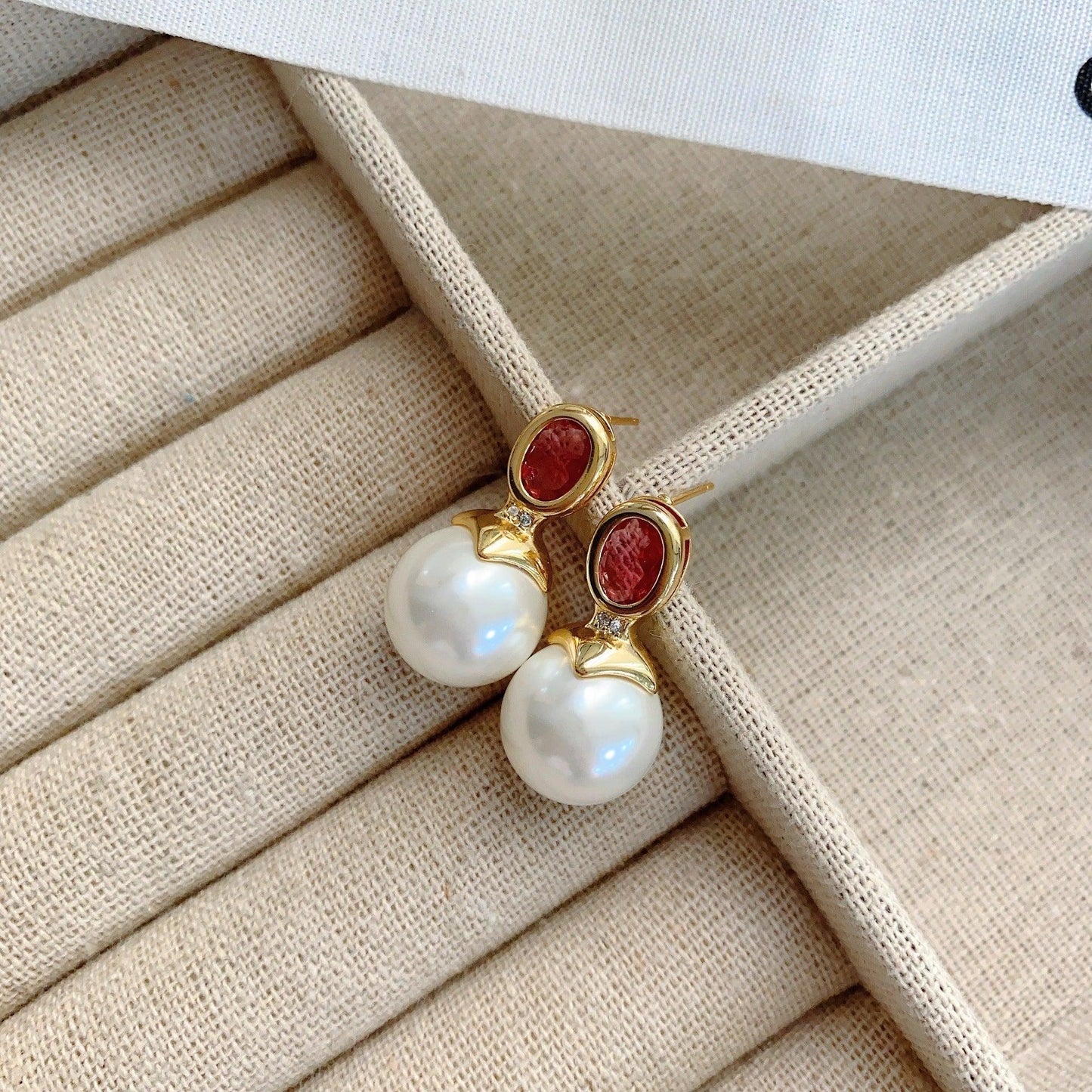 French retro elegant ruby pearl earrings