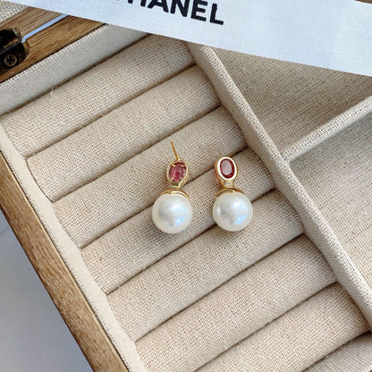 French retro elegant ruby pearl earrings