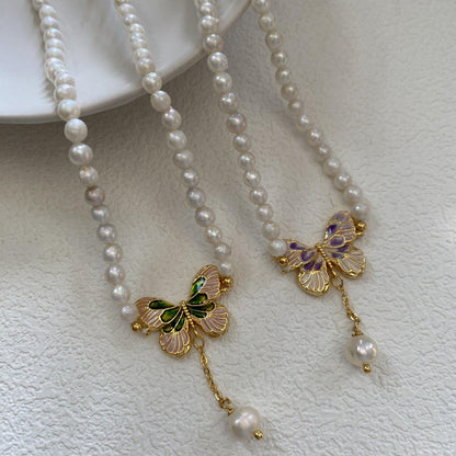 Baroque Pearl Tassel Butterfly Necklace