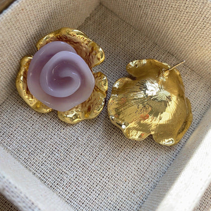 Purple three-dimensional flower medieval earrings