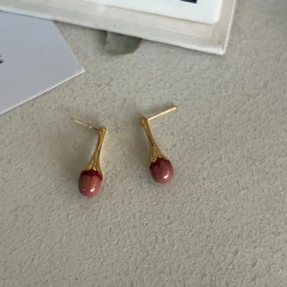 orange pink flower bone red bean brass gold-plated handmade enamel niche design stud earrings