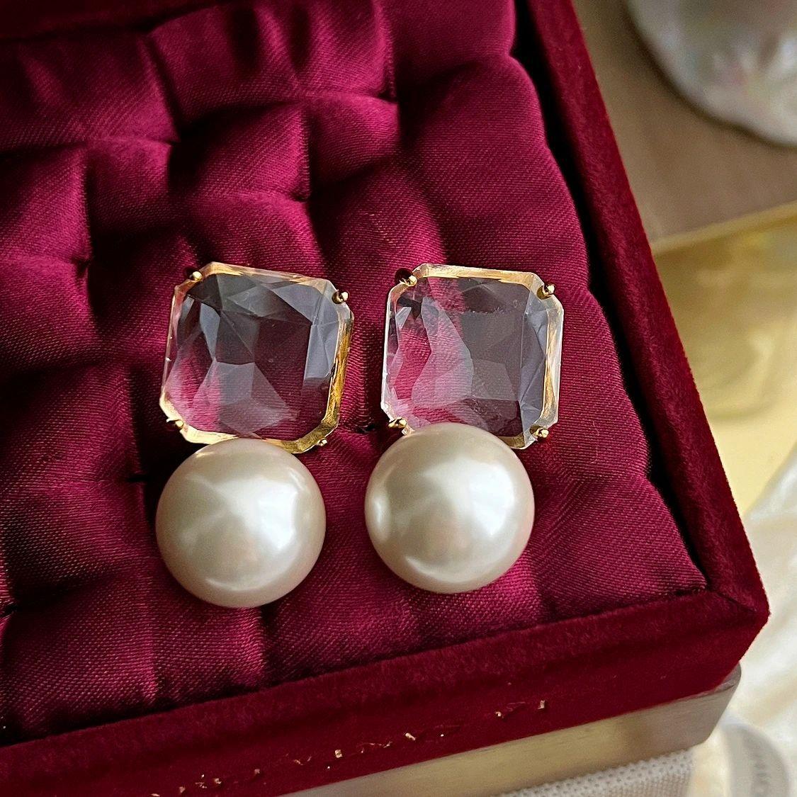 French retro pearl square diamond geometric stud earrings