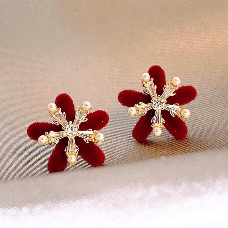 Christmas red bow zircon pearl earrings