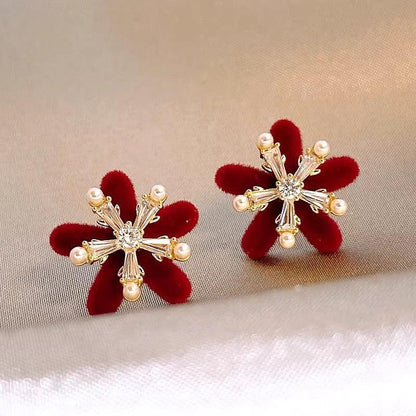 Christmas red bow zircon pearl earrings