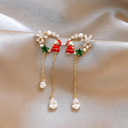 Christmas red bow zircon pearl earrings