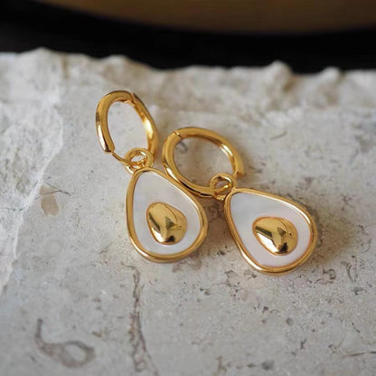 French avocado ear buckle, natural white butterfly shell brass plated real gold earrings