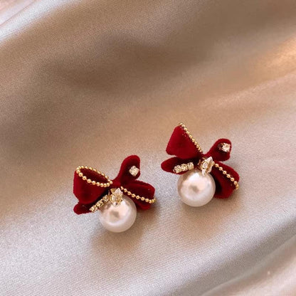 Christmas red bow zircon pearl earrings