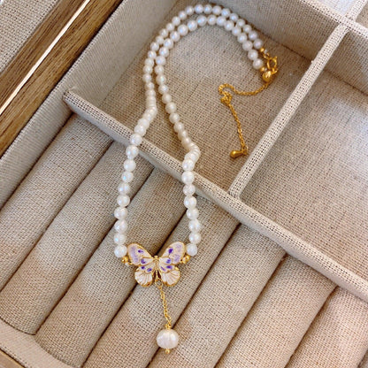 Baroque Pearl Tassel Butterfly Necklace