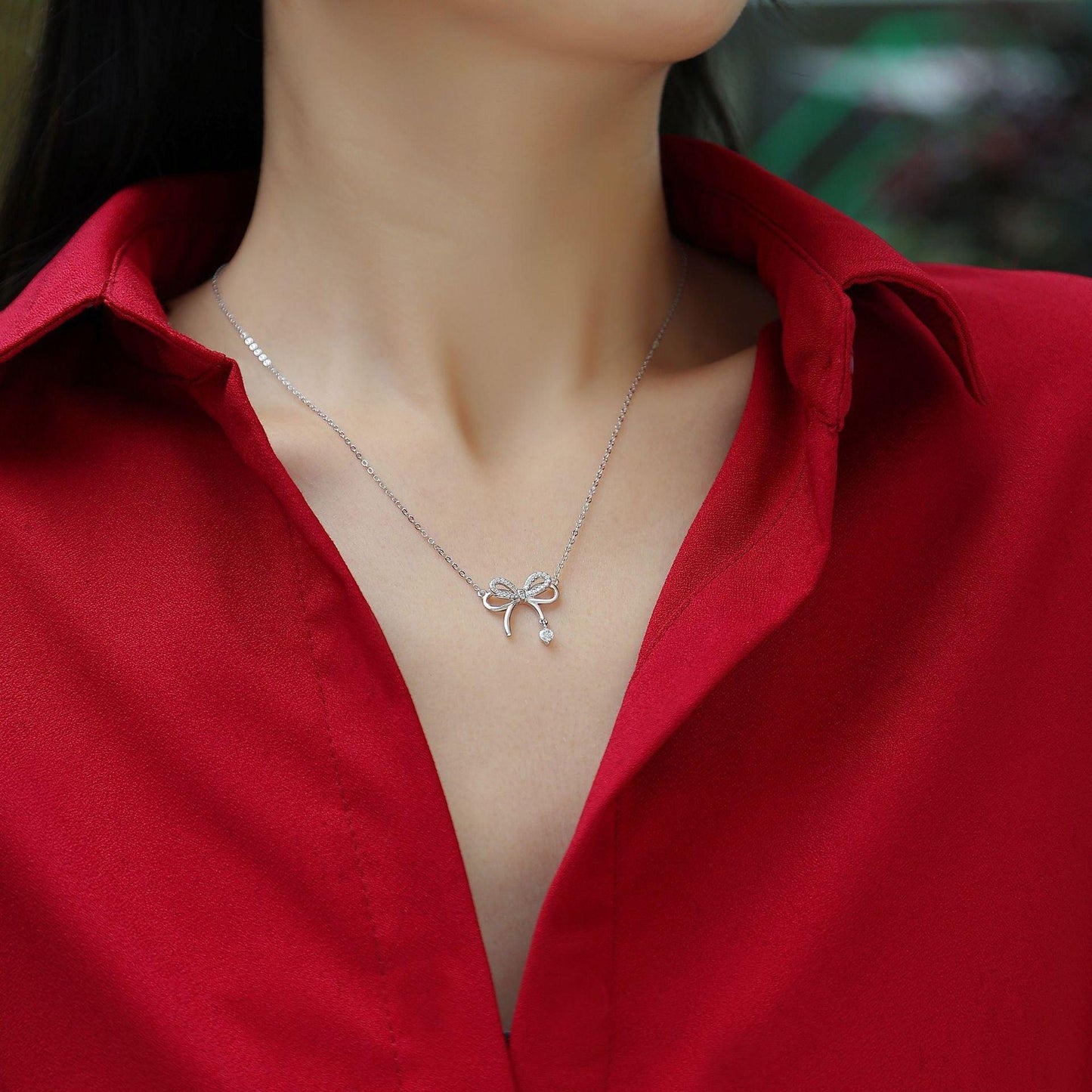 S925 sterling silver bow necklace